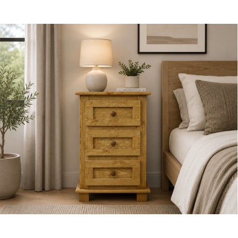 Roman Solid Pine 3 Drawer Bedside In Antique Wax Roman Solid Pine 3 Drawer Bedside In Antique Wax
