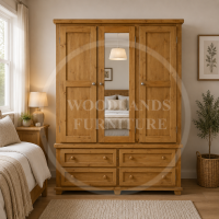 ROMAN SOLID PINE 4 DRAWER TRIPLE MIRRORED WARDROBE IN LIGHT OAK WAX