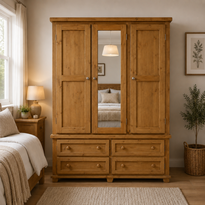 Roman Solid Pine 4 Drawer Triple Mirrored Wardrobe In Light Oak Wax
