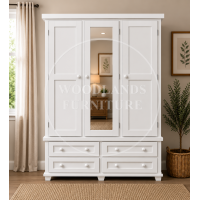 ROMAN SOLID PINE 4 DRAWER TRIPLE MIRRORED WARDROBE IN WHITE