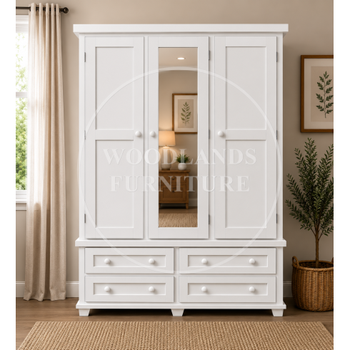 ROMAN SOLID PINE 4 DRAWER TRIPLE MIRRORED WARDROBE IN WHITE