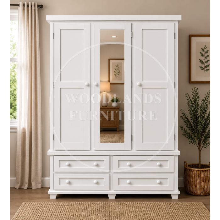 ROMAN SOLID PINE 4 DRAWER TRIPLE MIRRORED WARDROBE IN WHITE