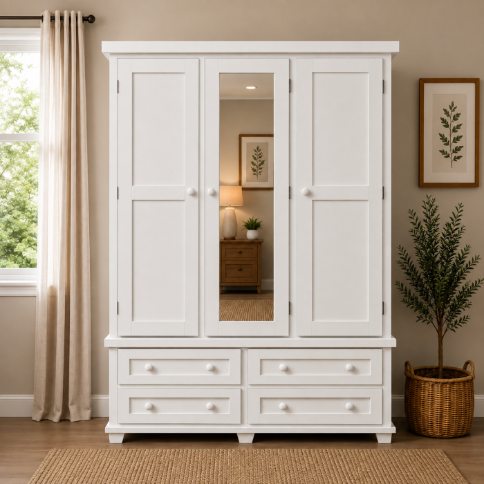 Roman Solid Pine 4 Drawer Triple Mirrored Wardrobe In White