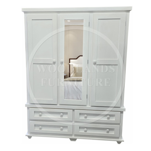 ROMAN SOLID PINE 4 DRAWER TRIPLE MIRRORED WARDROBE IN WHITE