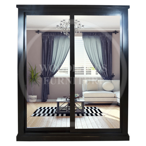 SLIDER SOLID PINE 2 DOOR DOUBLE MIRRORED WARDROBE IN BLACK