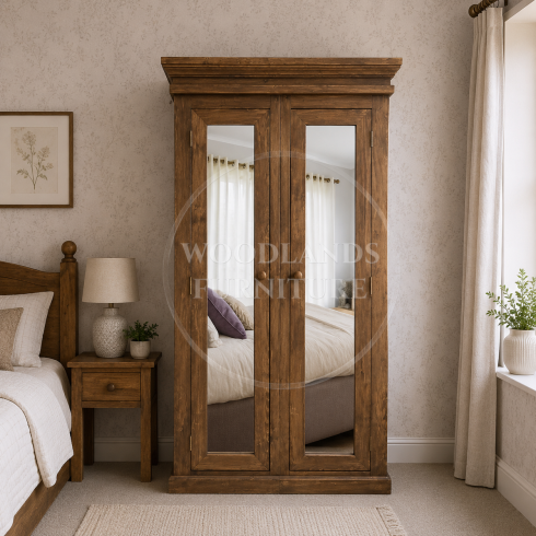 VICTORIAN SOLID PINE DOUBLE MIRRORED FULL HANGING WARDROBE IN OLD ANTIQUE WAX