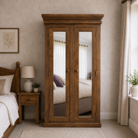 VICTORIAN SOLID PINE DOUBLE MIRRORED FULL HANGING WARDROBE IN OLD ANTIQUE WAX