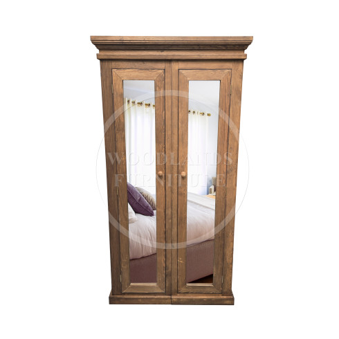 VICTORIAN SOLID PINE DOUBLE MIRRORED FULL HANGING WARDROBE IN OLD ANTIQUE WAX