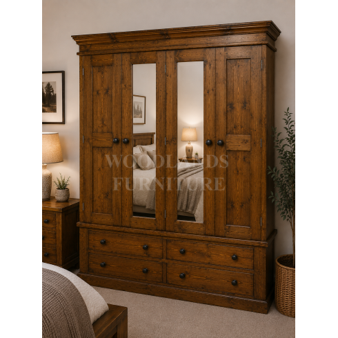 VICTORIAN SOLID PINE QUAD 4 DRAWER WARDROBE IN MEDIUM OAK