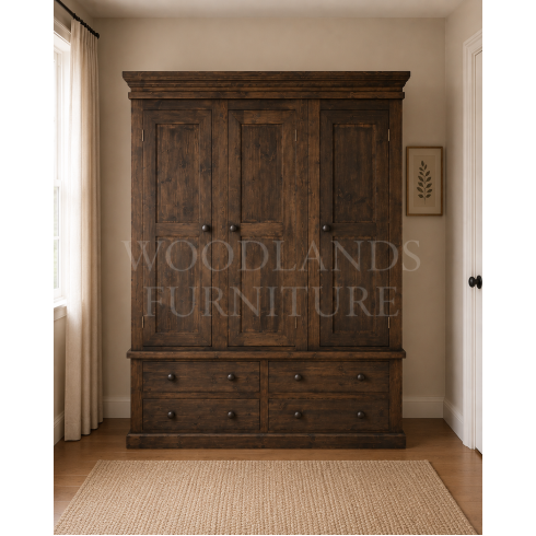 VICTORIAN SOLID PINE TRIPLE 4 DRAWER WARDROBE IN BROWN MAHOGANY WAX
