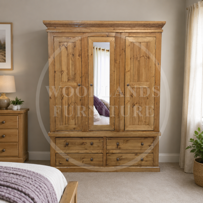 VICTORIAN SOLID PINE TRIPLE MIRRORED 4 DRAWER WARDROBE IN LIGHT OAK POLISHED