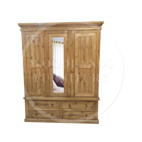 VICTORIAN SOLID PINE TRIPLE MIRRORED 4 DRAWER WARDROBE IN LIGHT OAK POLISHED