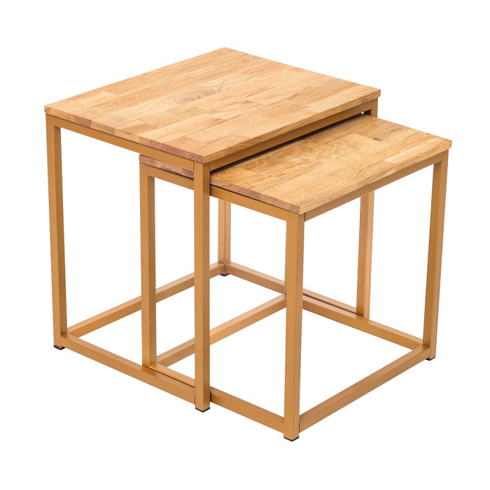 Mirelle Nest Of Tables Solid Oak Gold Metal Frame