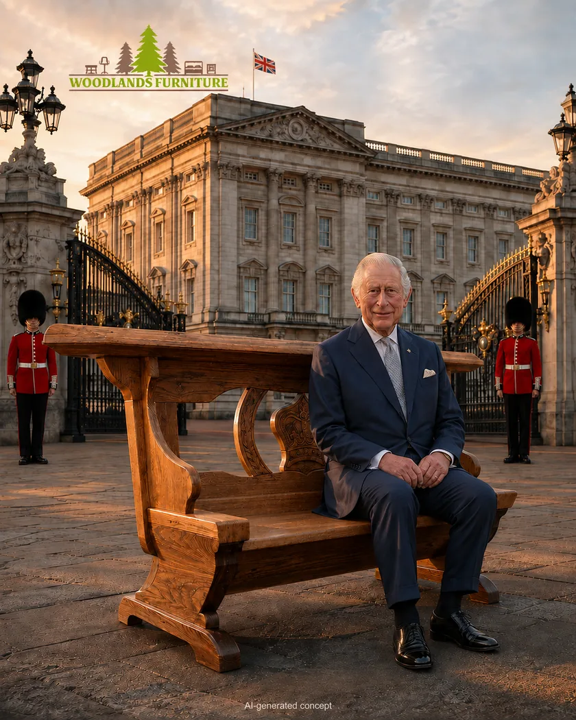 AI-generated Woodlands Furniture royal-backdrop illustration inspired by a Buckingham Palace delivery